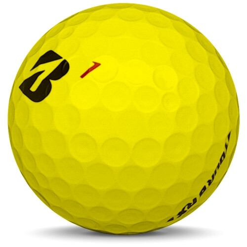 Golfboll av modellen Bridgestone Tour B RX i 2019 års version med gul färg sned bild