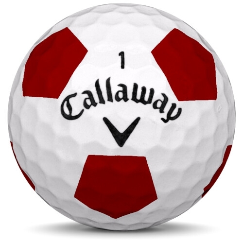 Golfboll av modellen Callaway Chrome Soft i 2017 års version med truvis vit röd färg framifrån