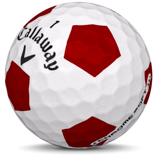 Golfboll av modellen Callaway Chrome Soft i 2017 års version med truvis vit röd färg sned bild