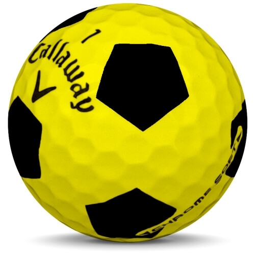 Golfboll av modellen Callaway Chrome Soft i 2019 års version med truvis gul svart färg sned bild