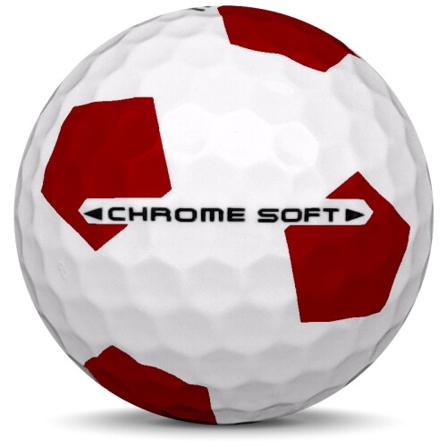 Golfboll av modellen Callaway Chrome Soft i 2019 års version med truvis vit röd färg från sidan