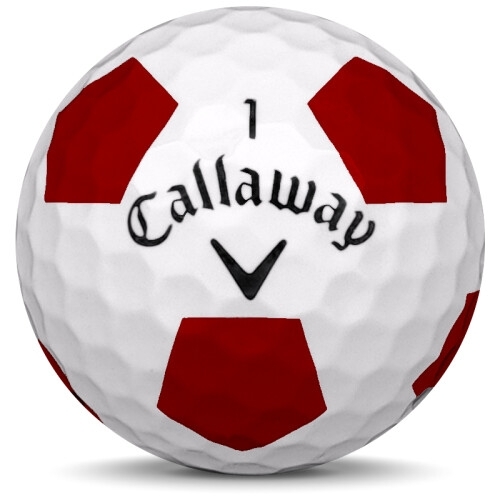 Golfboll av modellen Callaway Chrome Soft i 2019 års version med truvis vit röd färg framifrån