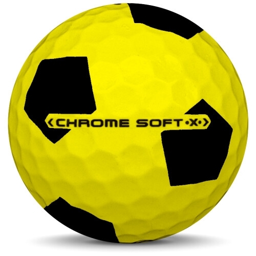 Golfboll av modellen Callaway Chrome Soft x i 2017 års version med truvis gul svart färg från sidan