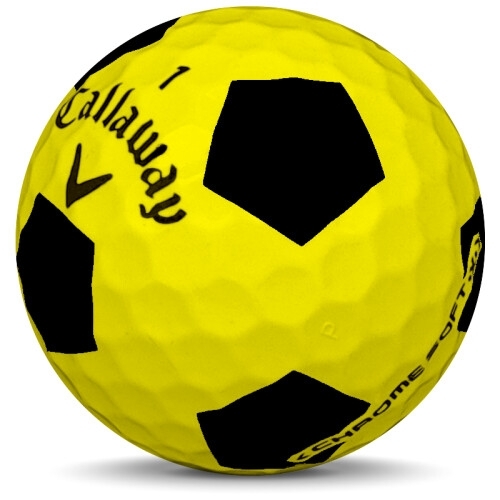 Golfboll av modellen Callaway Chrome Soft x i 2017 års version med truvis gul svart färg sned bild