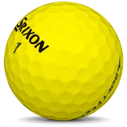 Golfboll av modellen Srixon Soft Feel i 2017 års version med gul färg sned bild